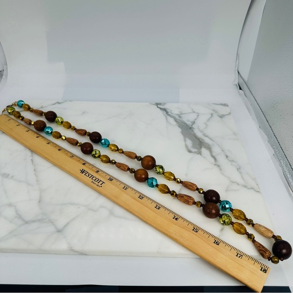 Vintage Joan Rivers Long Beaded Necklace Wood Crystal Beads Green Metallic Blue - Picture 8 of 11